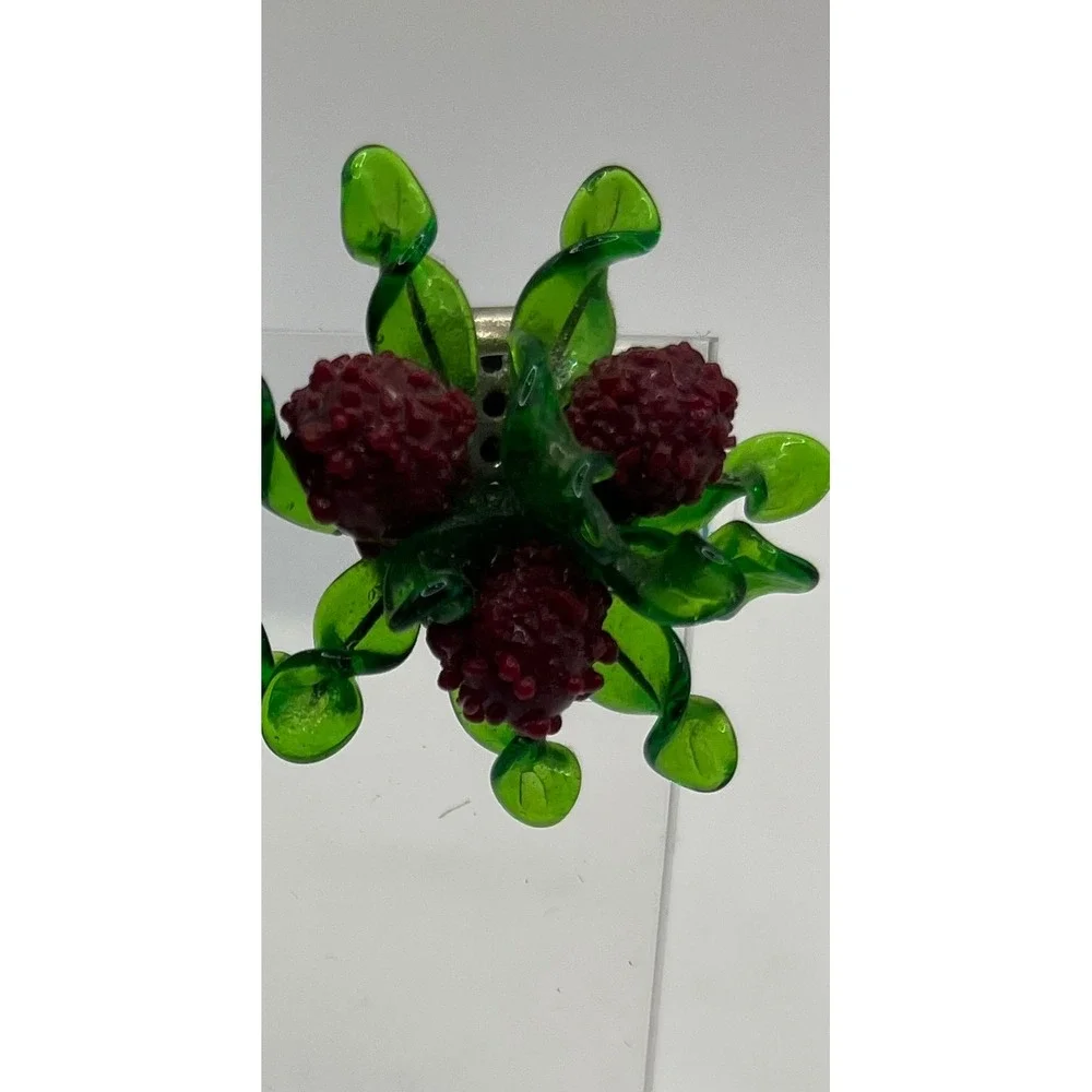 Vintage Floral Clip On Earrings Red Berry Green Leaf‎ Costume Jewelry